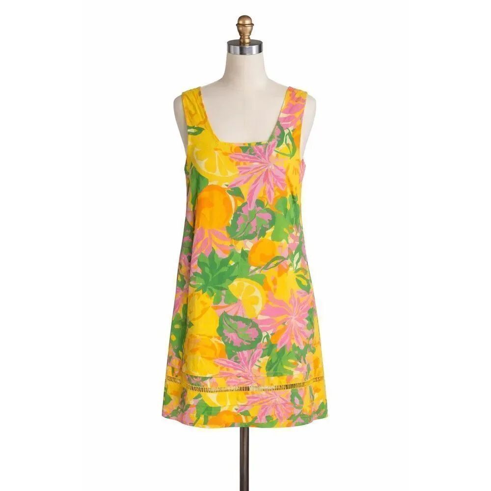 C&C California Linen Tropical Citrus Floral Sleeveless Shift Dress Summer Sz XS